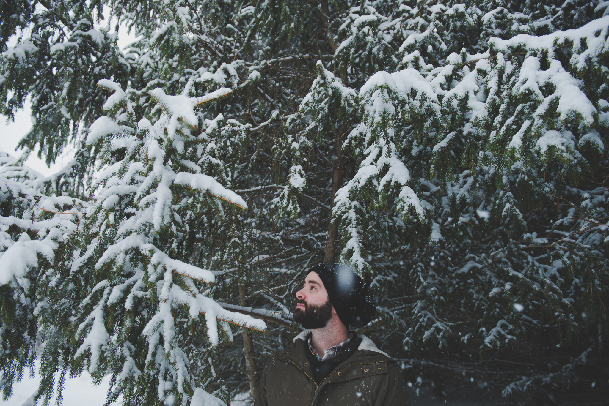 Snow, portrait, woods, toque, dark,  winter, ontario, Canada, Toronto photographer, Port Hope photographer, man, woods, trees 