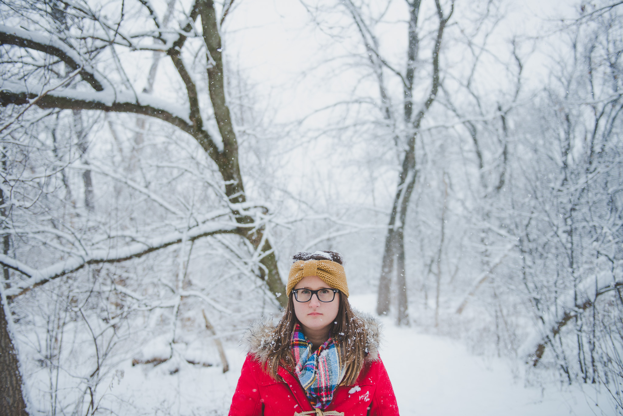 Snow, portrait, woods, red coat, winter, ontario, Canada, Toronto photographer, Port Hope photographer, woman, glasses