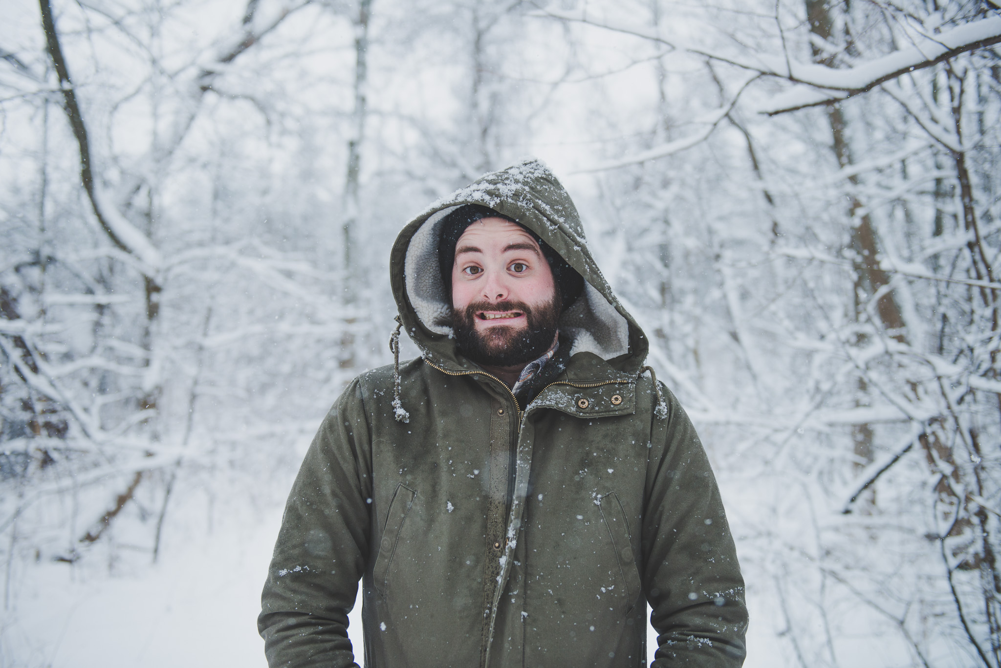 Snow, portrait, woods, toque, dark,  winter, ontario, Canada, Toronto photographer, Port Hope photographer, man, woods, trees 