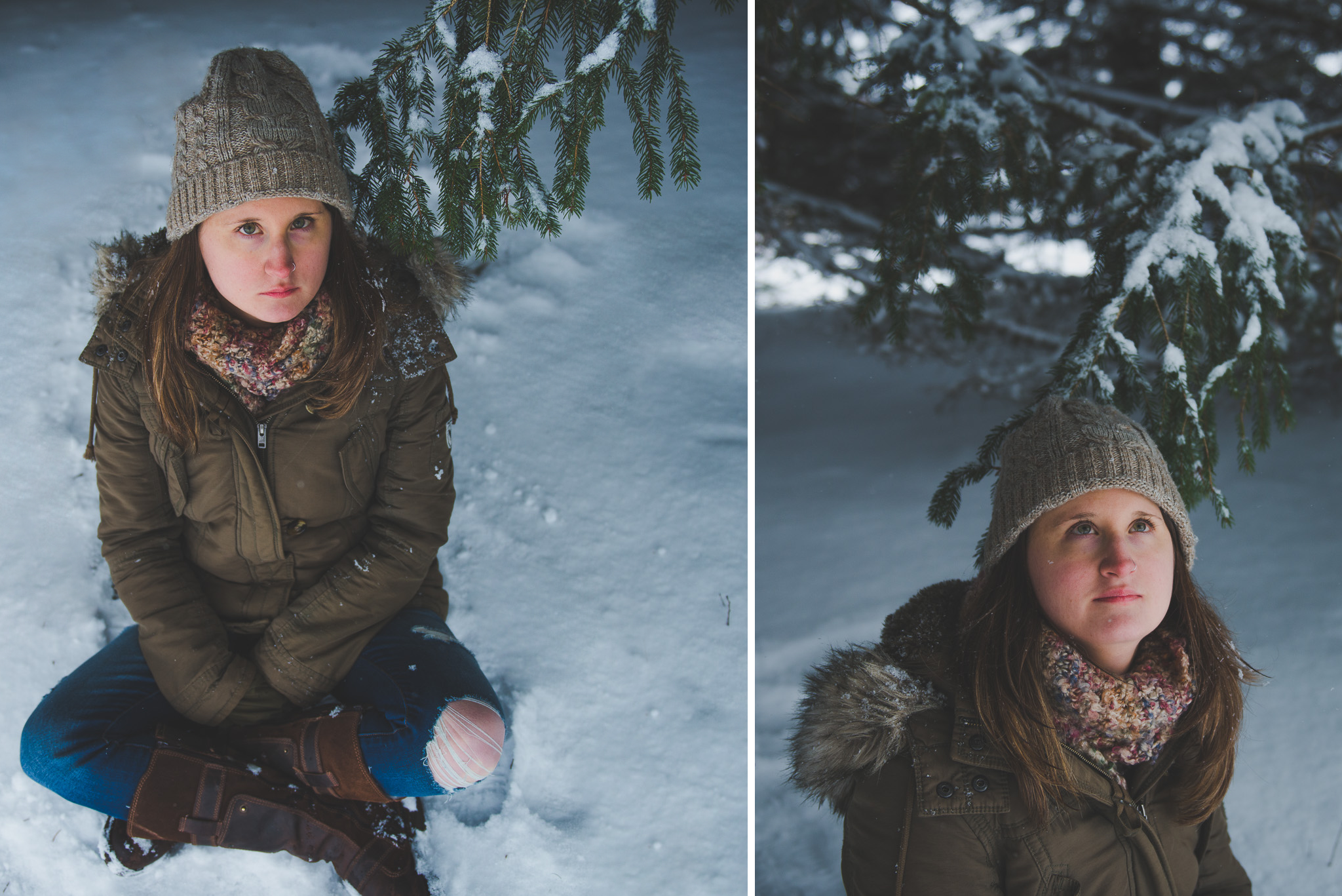 Snow, portrait, woods, toque, dark,  winter, ontario, Canada, Toronto photographer, Port Hope photographer, woman, glasses, woods, trees 