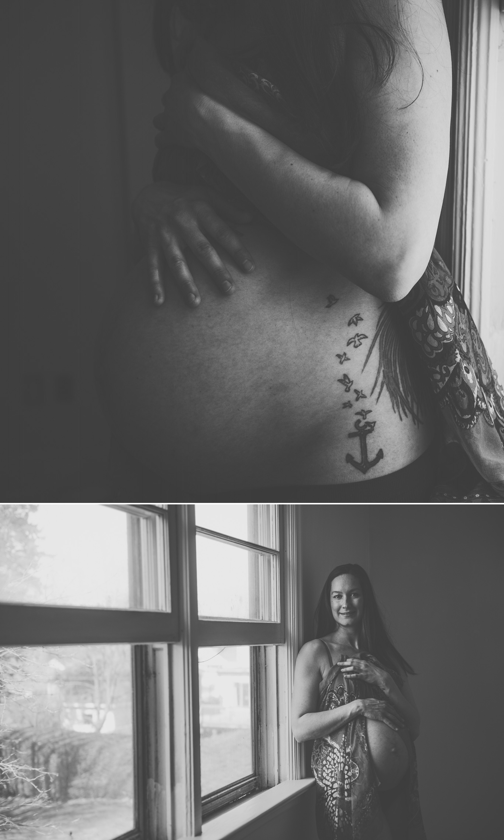 maternity, boudoir, photography, portraits, light, home, tattoos, tattooed female, anchor, anchor tattoo, window light, black and white